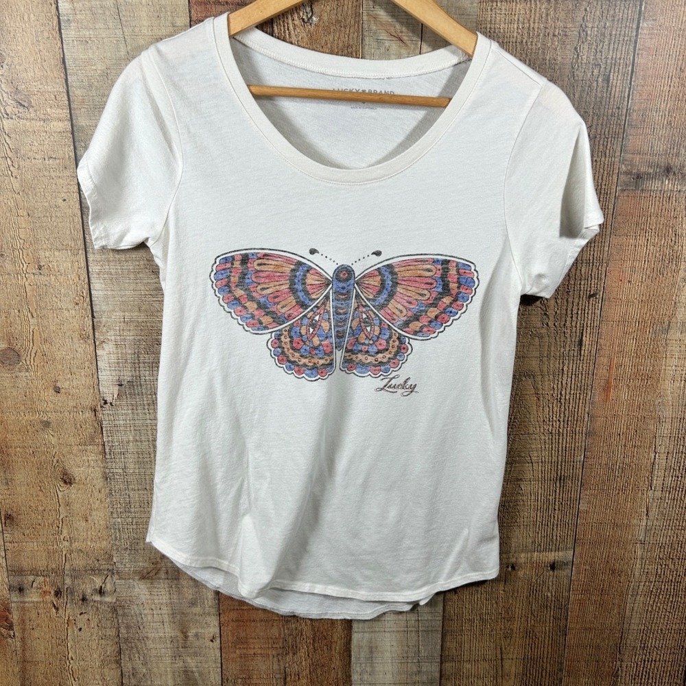Lucky Brand Butterfly Graphic Tee Boho Soft Short Sleeve Ivory Small